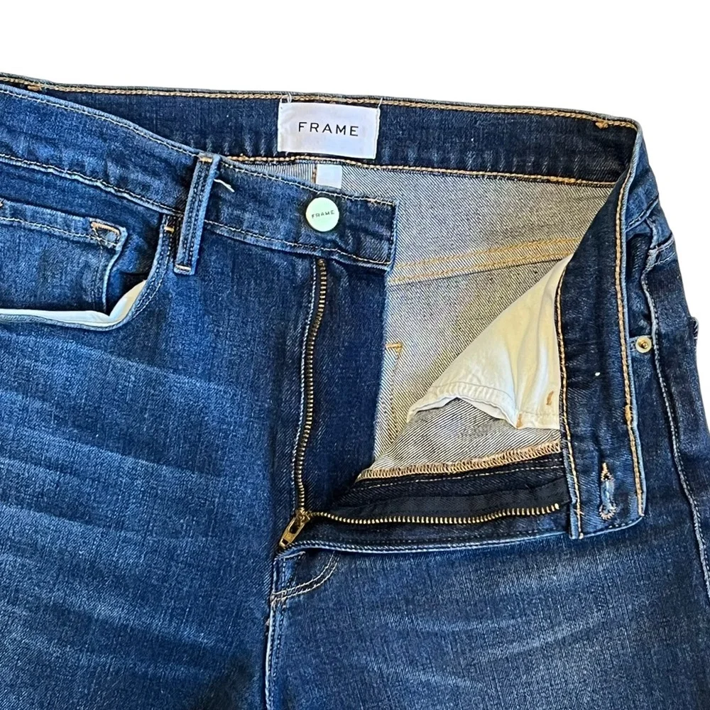 Frame Women’s Sz 27 High Rise Shorts Bermuda Jorts Medium Wash Denim Frayed Hem